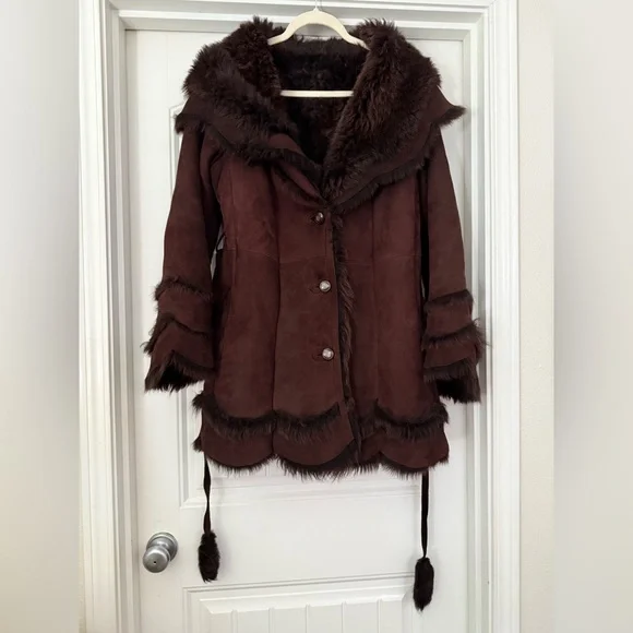 RARE Vintage Suede Shearling HEAVY COAT super warm made in USA Fit & Flare sz L - Picture 11 of 17